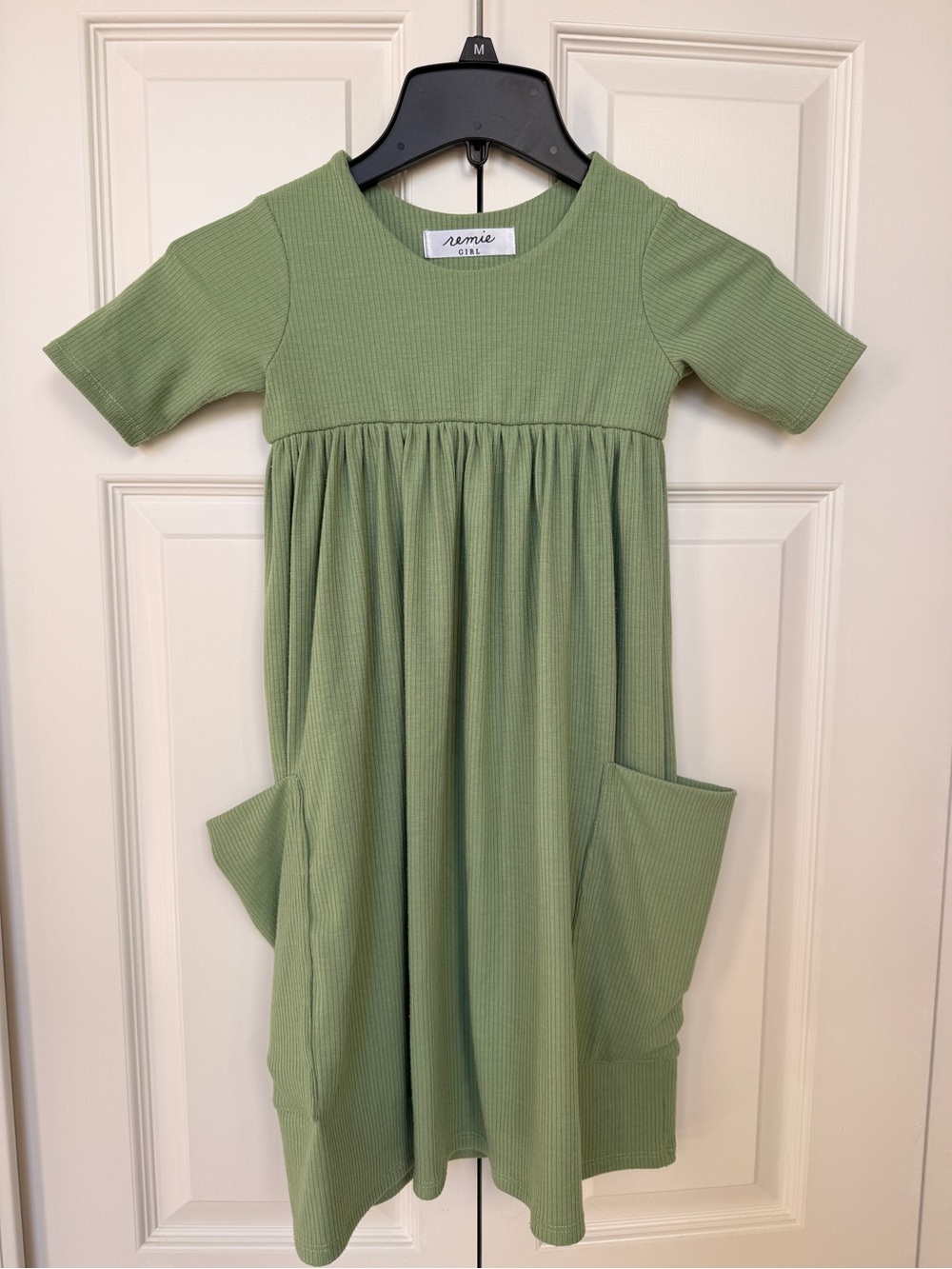 Remie Girl Sage Green Ribbed Pocket Kids Day Dress